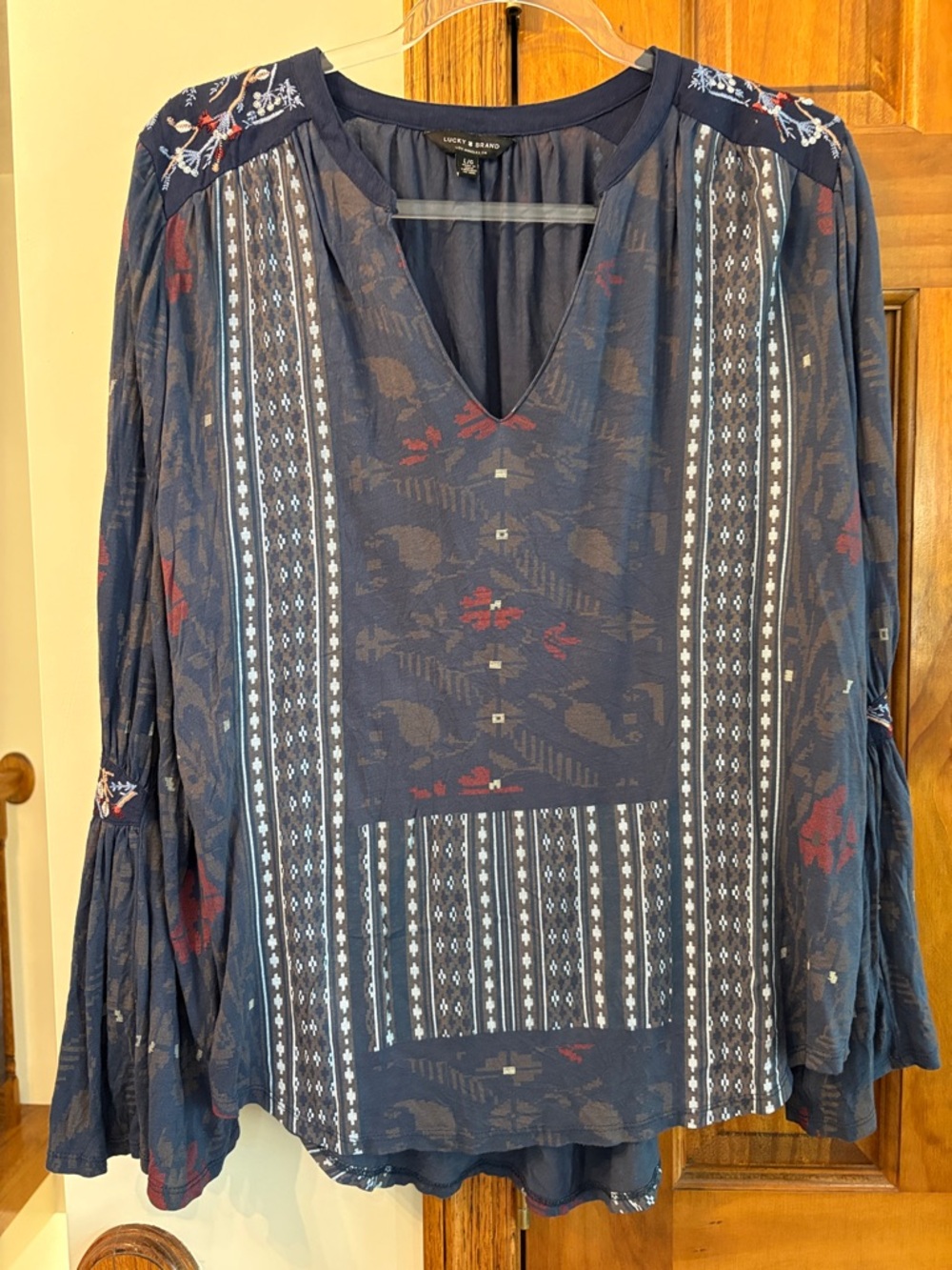 Lucky Brand Navy Floral Boho V-Neck Blouse with Red Accents